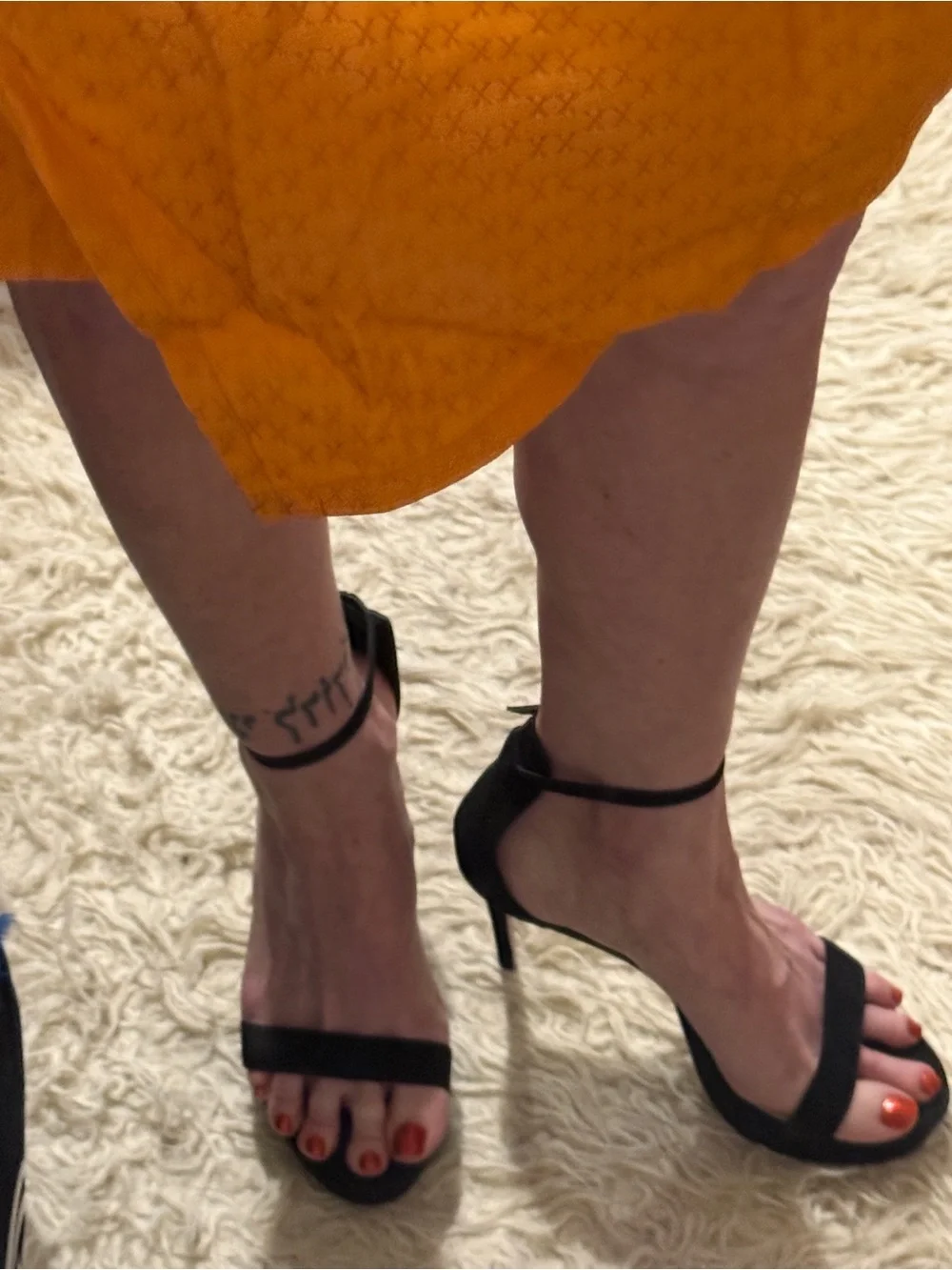 Shoe Dazzle Black Ankle-Strap Heeled Sandals with Orange Toenail Pop
